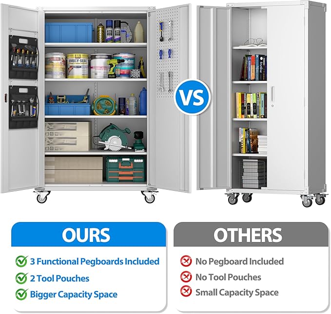 SUXXAN 2025 Upgraded Wide & Deep Garage Storage Cabinet with Wheels, Lockable Metal Storage Cabinet with Pegboards and 9 Hooks, 2 Tool Pouches for Garage,4 Adjustable Shelves