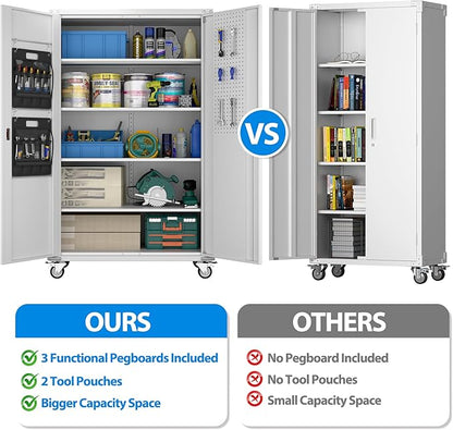 SUXXAN 2025 Upgraded Wide & Deep Garage Storage Cabinet with Wheels, Lockable Metal Storage Cabinet with Pegboards and 9 Hooks, 2 Tool Pouches for Garage,4 Adjustable Shelves