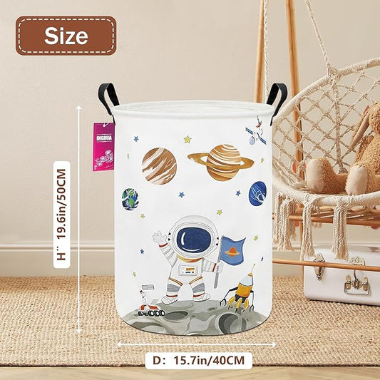 Laundry Hamper Large Canvas Fabric Lightweight Storage Basket/Toy Organizer/Dirty Clothes Collapsible Waterproof for College Dorms, Boys and Girls Bedroom,Bathroom(Space astronaut)