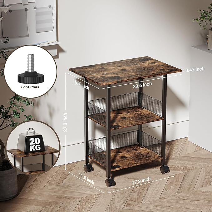 Printer Stand, 3-Tier Industrial Large Printer Table with Shelf, 23"x15" Mobile Heavy Duty Storage Rack on Wheels for Home Office Printer Fax Machine Scanner Copier