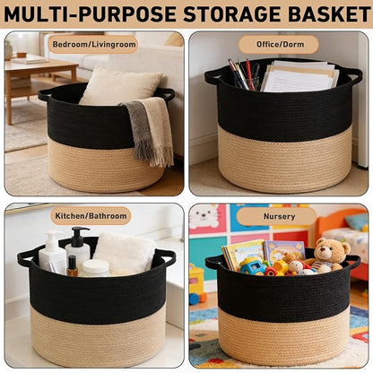 115L Large Blanket Basket,23.6" L x 23.6" W x 15.7" H Rope Woven Baskets with Handles, Toys Storage Bins,Laundry Basket Perfect for Living Room, Nursery,Bedroom,Home Organization,Black&Camel