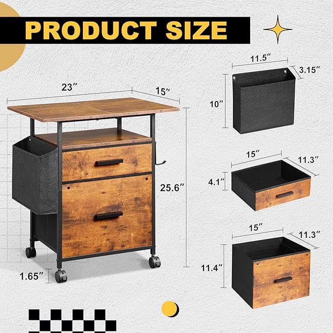 File Cabinet Printer Stand, Fabric Mobile Filing Cabinet with 2 Storage Drawers, for Hanging A4, Letter Size File Folders, Open Shelf with Storage Bag and Hooks Home Office, Rustic Brown