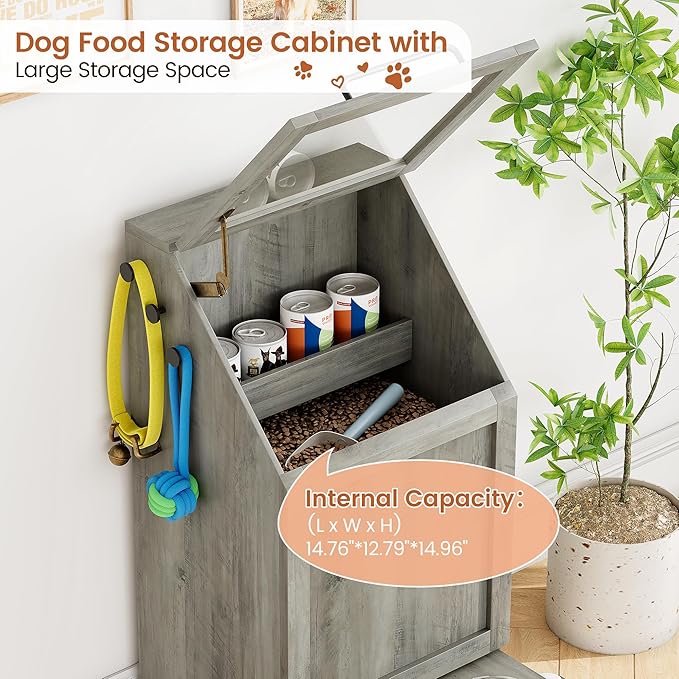 Garvee Dog Feeding Station with 2 Elevated Bowls, Dog Food Storage Cabinet, Flip Top Pet Feeding Station, Food Storage Container, Pet Toy Organizer, Grey
