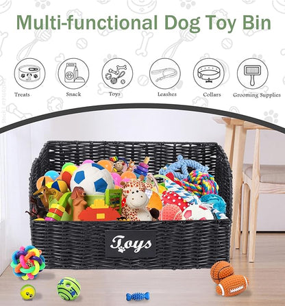 Pet Dog Toy Storage Basket,Collapsible Poly Wicker Baskets for Dog Cat Toys,Trapezoid Dog Toy Bin,Dog Storage Organizer for Leash Blanket Toys,Ideal for Living Room,Playroom(Black)