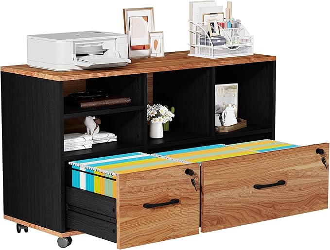 2 Drawer Wood Mobile Large Lateral File Cabinet, Lockable Rolling Filing Cabinet with Storage Shelves, Printer Stand Office Storage Cabinet for Home Office Fits Files Legal/A4, Rustic Brwon