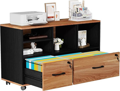 2 Drawer Wood Mobile Large Lateral File Cabinet, Lockable Rolling Filing Cabinet with Storage Shelves, Printer Stand Office Storage Cabinet for Home Office Fits Files Legal/A4, Rustic Brwon