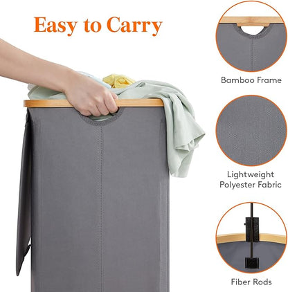 Lifewit 120L Double Laundry Hamper with Lid, Large Laundry Basket with Removable Bag & Bamboo Handles, Fodable Tall Dirty Clothes Hamper for Laundry Collapsible Bin for Bathroom Bedroom, Charcoal Gray
