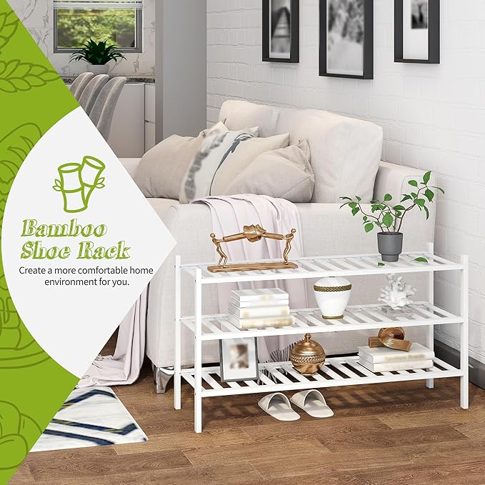 BMOSU 3-Tier Bamboo Extended Shoe Rack Premium Stackable Shoe Shelf Storage Organizer for Hallway Closet Living Room Entryway Organizer(White Bamboo)