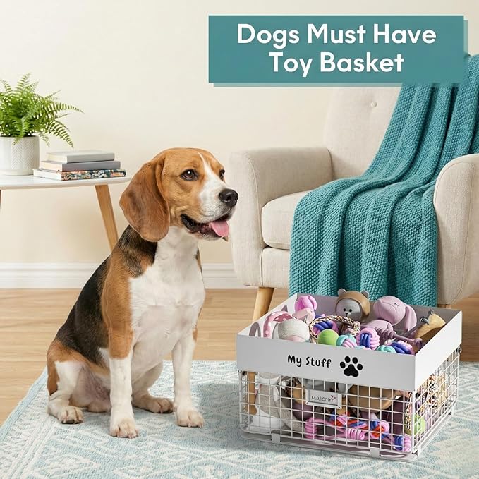 Dog Toy Box- Metal Toy basket for Dog - Dog Toys Storage Bin for Pet - Personalized Large Dog Toys Basket for Puppy and Pet- White Chew Resistant Dog Toy Chest & Organizer