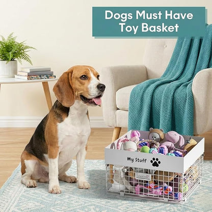 Dog Toy Box- Metal Toy basket for Dog - Dog Toys Storage Bin for Pet - Personalized Large Dog Toys Basket for Puppy and Pet- White Chew Resistant Dog Toy Chest & Organizer