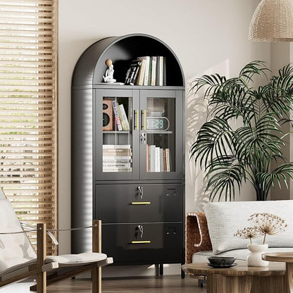 Tall Black Arched Bookcase, Metal Arched Bookshelf with 2 File Drawers and Locking Glass Doors,Assemble Required