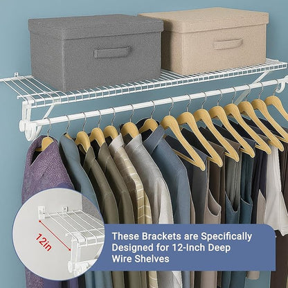 12 Inch Wire Shelf Brackets Set – Includes 4 Brackets, 8 Shelf Clips & 4 End Brackets – Wall & Closet Wire Shelving Support Kit (4 Pack, Metal)