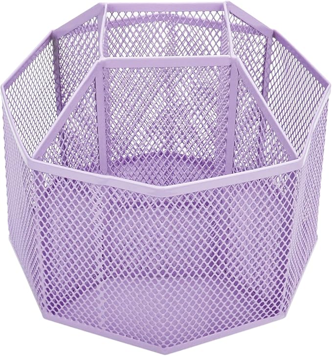 Annova Mesh Desk Organizer Rotate with 5 Compartments Spinning Tidy Candy/Pen Holder Office, Art Supply, Storage, Classroom, Home (Light Purple)