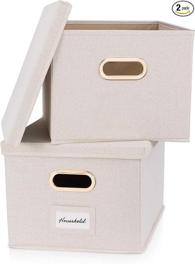 ZICOTO Decorative File Organizer Box Set of 2 - Collapsible Linen Filing Cabinets w/Handles Are Perfect to Store all Your Documents & Hanging File Folders - Portable Easy Slide Crates with Lid