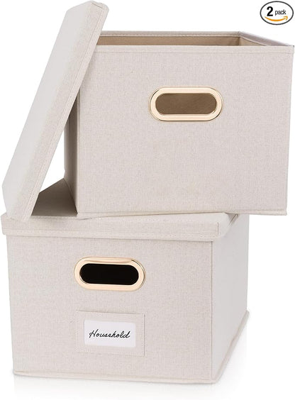 ZICOTO Decorative File Organizer Box Set of 2 - Collapsible Linen Filing Cabinets w/Handles Are Perfect to Store all Your Documents & Hanging File Folders - Portable Easy Slide Crates with Lid