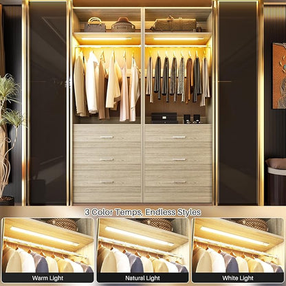 2FT Closet System with 3CCT Sensor Light, 24" Closet Organizer with 3 Wooden Drawers, Closet Systems with Hanging Rod & Top Storage, Small Closets Wardrobe for Walk-in Closets, White Oak