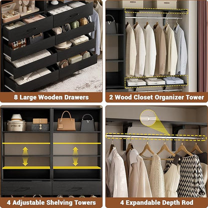Aheaplus Closet System with 8 Wooden Drawers, Wood Closet Organizer System with Tower, Walk-in Closet Organizer Wardrobe Clothes Rack with 4 Hanging Rods, Garment Rack, Cut to Fit 7-12Ft, Black