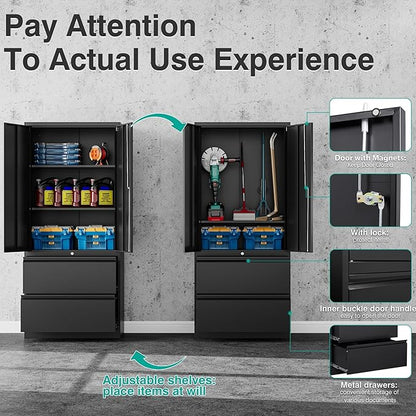 SISESOL Black Metal Storage Cabinet with Drawers and Lock,Locking Steel Storage Cabinet with Doors and Shelves,71" Office File Cabinets for Home Office,Warehouse,Garage,School (Black, 2 Drawers)