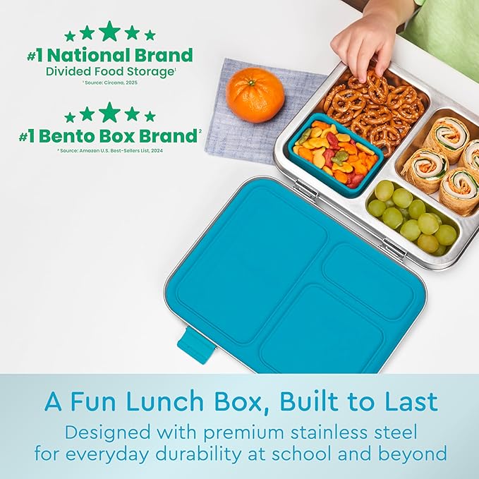 Bentgo Kids Stainless Steel Prints Leak-Resistant Lunch Box - 3-Compartments with Bonus Silicone Container, Durable, Eco-Friendly, Dishwasher Safe, BPA-Free, Ideal for School, Ages 3+ (Dinosaur)