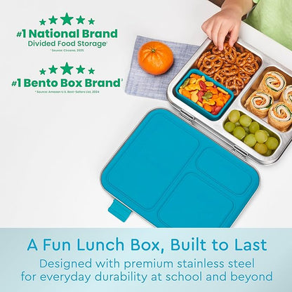 Bentgo Kids Stainless Steel Prints Leak-Resistant Lunch Box - 3-Compartments with Bonus Silicone Container, Durable, Eco-Friendly, Dishwasher Safe, BPA-Free, Ideal for School, Ages 3+ (Dinosaur)