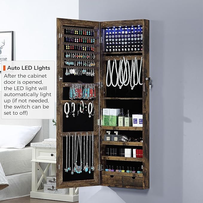 GISSAR Jewelry Organizer Full Length Mirror Jewelry Cabinet Standing/Wall Mounted Jewelry Armoire Storage with Lights Lockable, Vintage Brown