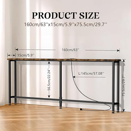 GRLEAF 63" Narrow Console Sofa Table with Built-in Power Strip (2 AC Outlets & 2 USB Ports) – 4.9ft Power Cord, Metal Frame, Easy Assembly, Ideal for Behind Couch, Hallway, and Office | Rustic Brown