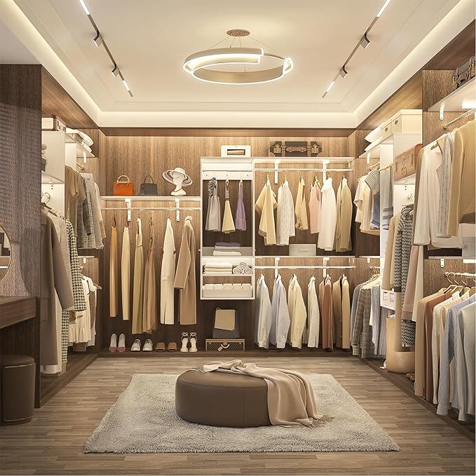96 Inch Hanging Closet System, 8 FT Closet Organizer System with Hanging Rod, Walk In Mounted Closet System, Built-In Clothes Garment Rack with 3 Shelving Towers(Can Be Cut To Fit), White