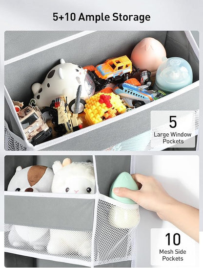 Yecaye 2 Pc Over The Door Organizer with 5 Bins 10 Side Pockets, 44lbs Load Hanging Bathroom and Bedroom Organizer, Behind The Door Hanging Organizers for Nursery Newborn Baby Essential Stuff Grey