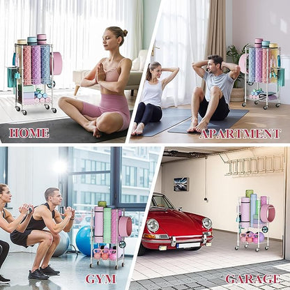VOPEAK Home Gym Storage Rack with Wheels, Yoga Mat Storage Organizer for Kettlebells, Dumbbells, Resistance Bands, Space Saving 3-Tier Weight Rack for Home Gym, Garage, Easy to Install