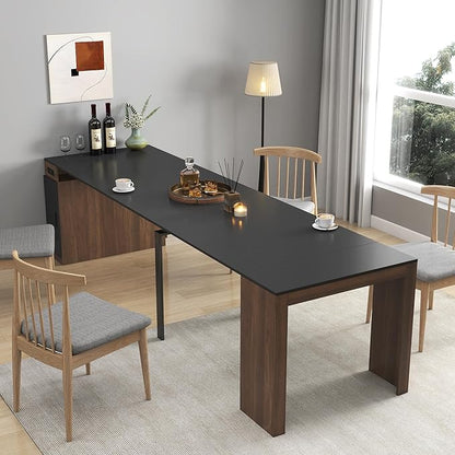 Extendable Dining Table, Transformer Console Table with Storage & Charging Ports, Folding Dining Table for 10-12 People, Space Saving Modern Furniture, Black