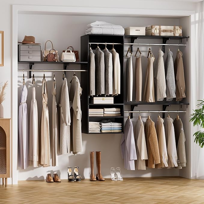 Cyclysio 96 Inch Closet System, 8 FT Hanging Closet Organizer System, Walk in Closet System with 4 Adjustable Rods and 3 Shelving Towers for 4-8FT Spaces(Cut-to-Fit), Black