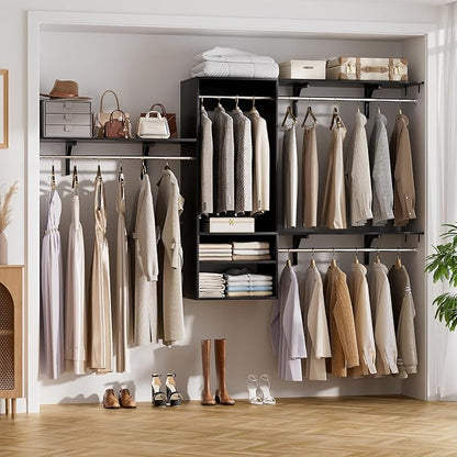 Cyclysio 96 Inch Closet System, 8 FT Hanging Closet Organizer System, Walk in Closet System with 4 Adjustable Rods and 3 Shelving Towers for 4-8FT Spaces(Cut-to-Fit), Black
