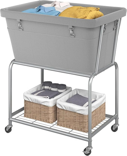 ELYKEN Rolling Laundry Hamper with Wheels, 32-Gallon (122L) Laundry Cart with Removable Bag, 2-Tier Clothes Basket Hamper with Shelf for Closet, Bedroom, Bathroom, Laundry Room, Gray