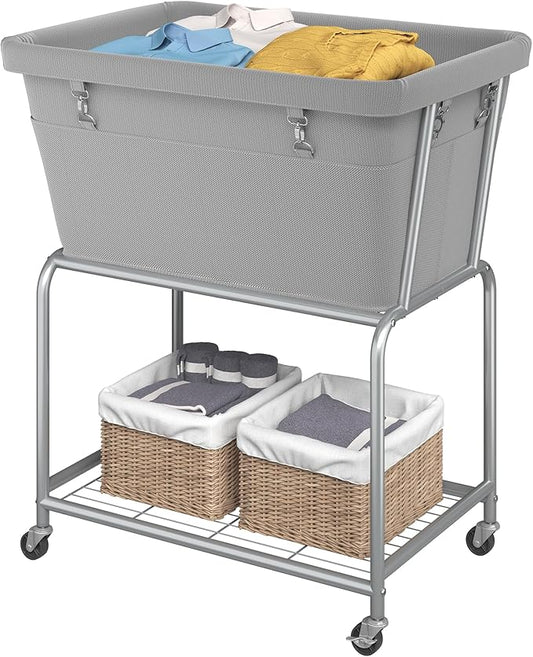 ELYKEN Rolling Laundry Hamper with Wheels, 32-Gallon (122L) Laundry Cart with Removable Bag, 2-Tier Clothes Basket Hamper with Shelf for Closet, Bedroom, Bathroom, Laundry Room, Gray