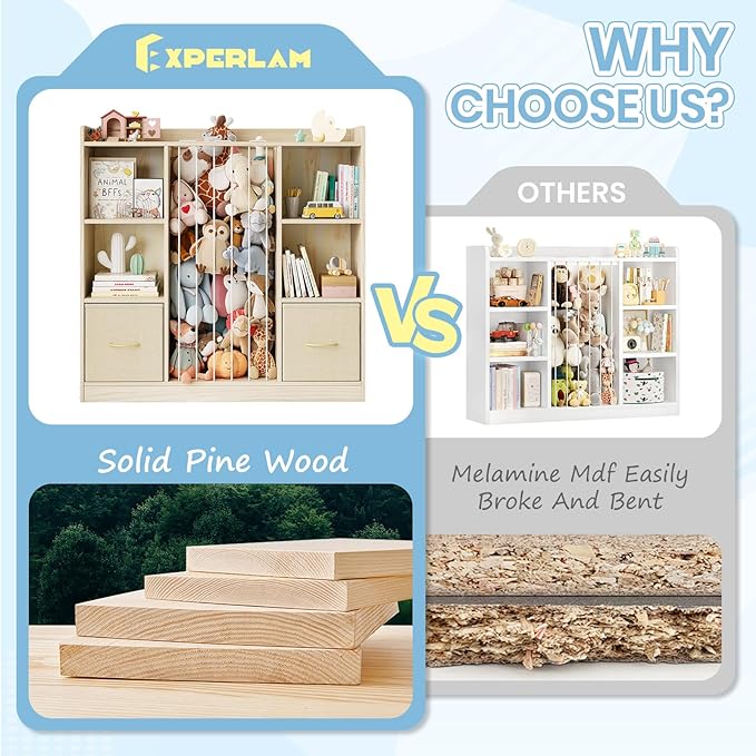 Toy Storage Organizer with Stuffed Animal Storage, Wooden Toy Organizer & Stuffed Animal Zoo, 6 Cubes Shelf with Removable Drawers, 4 -in-1 Book Shelf for Kids Room, Playroom, Nursery