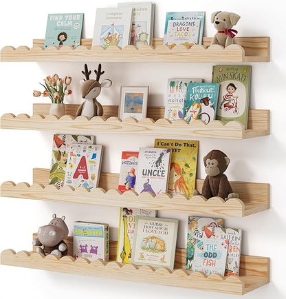 Shario Nursery Book Shelves, 4-Pack Wood Floating Shelves for Wall Kids, Scalloped Shelves, Wall Book Shelves for Bedroom Kids, Toddler Room, Baby Room, Nursery Decor (Wood, 23 Inches)