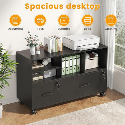 2 Drawer Wood Mobile Large Lateral File Cabinet, Lockable Rolling Filing Cabinet with Storage Shelves, Printer Stand Office Storage Cabinet for Home Office Fits Files Legal/A4, Black