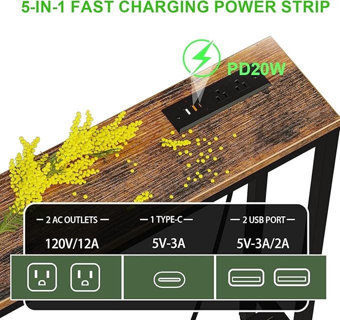 86.6" Behind Couch Table with Fast Charging Station, 7.1" Narrow Skinny Sofa Table with 2 Power Outlets, 2 USB-A, USB-C for Console Entryway, Rustic Brown