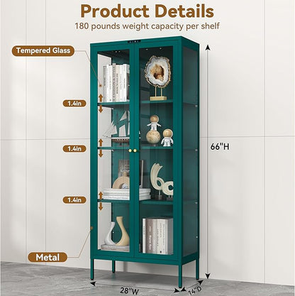 Glass Display Cabinet with Glass Doors, Metal Curio Cabinet with 8-Color LED Lights, 66 Inch Tall Display Case for Collectibles, Green Storage Cabinet for Living Room, Assembly Required