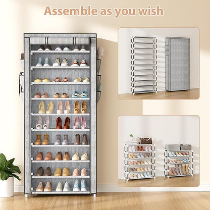 VTRIN Vertical Narrow Shoe Rack Organizer Tall Shoe Rack for Closet Entryway 10 Tier Non-Woven Cover Shoe Shelf Holds 36-41 Pairs Free Standing Shoe Storage Cabinet with Dustproof Cover, Multi Color