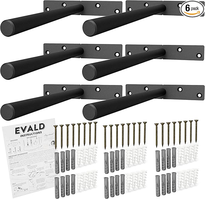 EVALD Heavy Duty Floating Shelf Bracket | 8-Inch Floating Mantel Mount, Blind Shelf Supports, and Anchors | Floating Shelf Hardware for Home and Office Decor | Fireplace Mantel Brackets (6 Pack)