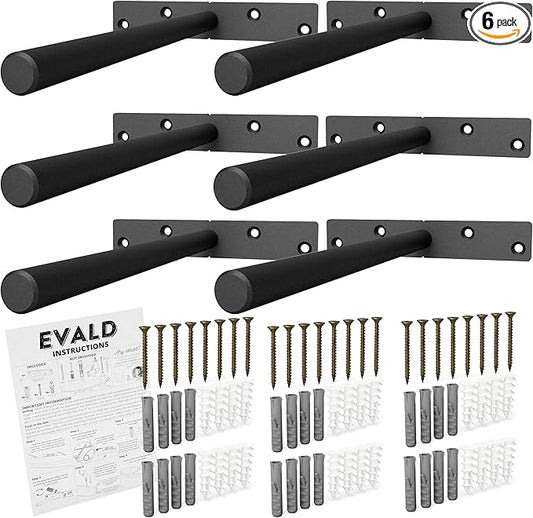 EVALD Heavy Duty Floating Shelf Bracket | 8-Inch Floating Mantel Mount, Blind Shelf Supports, and Anchors | Floating Shelf Hardware for Home and Office Decor | Fireplace Mantel Brackets (6 Pack)