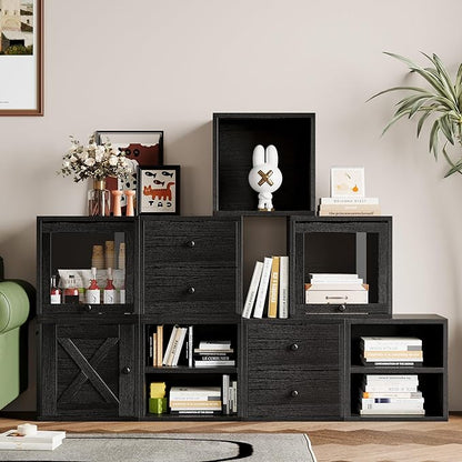 FUSUNBAO Magic DIY Cube Storage Organizer Stackable Cubes for Home Books Clothes Toy-Modular Cubby Storage System-Office Cubical-Bookcase Closet(Black, Glass Door Cube)