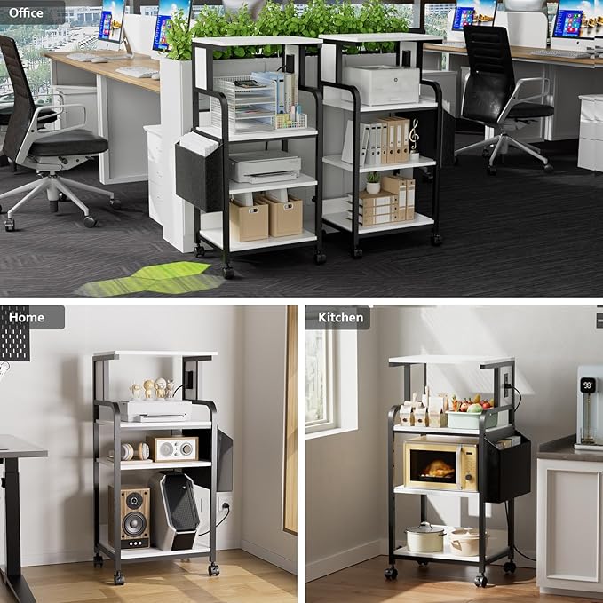 Tall Printer Stand with Charging Station, 4-Tier Large Printer Table Adjustable Shelf, Mobile Printer Cart on Wheels Heavy Duty for Home Office, Fits 3D Printer Shredder Scanner Fax, White