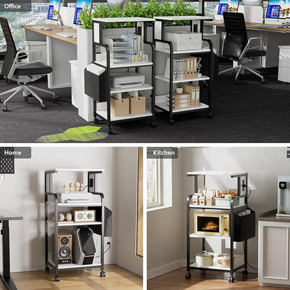 Tall Printer Stand with Charging Station, 4-Tier Large Printer Table Adjustable Shelf, Mobile Printer Cart on Wheels Heavy Duty for Home Office, Fits 3D Printer Shredder Scanner Fax, White