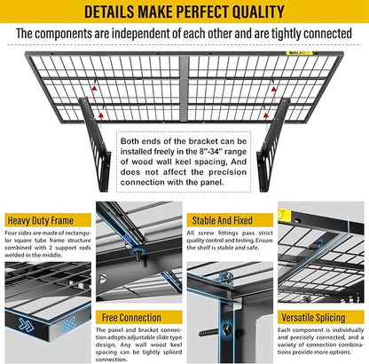 2x3ft Adjustable Rail Wall Garage Storage Shelf, for Tool Room, Storage Room, Store Supermarket Wall Storage Shelving Rack (4 Pack-Black)