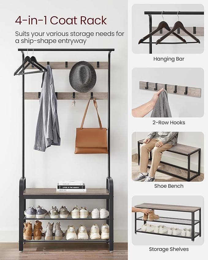 VASAGLE Coat Rack, Hall Tree with Shoe Bench for Entryway, Entryway Bench with Coat Rack, 4-in-1, with 9 Removable Hooks, a Hanging Rod, 13.3 x 33.1 x 72.1 Inches, Greige and Black UHSR400B02