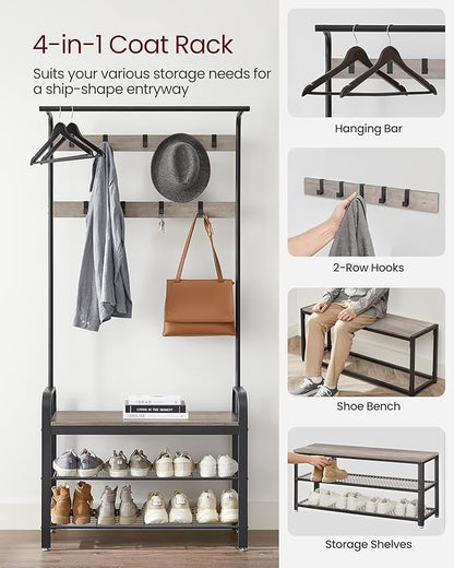 VASAGLE Coat Rack, Hall Tree with Shoe Bench for Entryway, Entryway Bench with Coat Rack, 4-in-1, with 9 Removable Hooks, a Hanging Rod, 13.3 x 33.1 x 72.1 Inches, Greige and Black UHSR400B02
