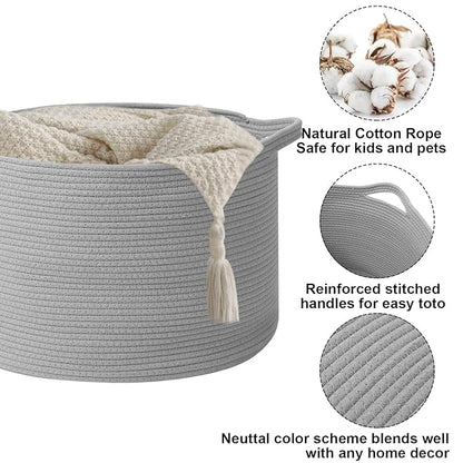 90L Large Blanket Basket,21.7"L x 21.7"W x 13.8"H Rope Woven Baskets with Handles, Toys Storage Bins,Laundry Basket Perfect for Living Room, Nursery,Bedroom,Home Organization,Light Gry