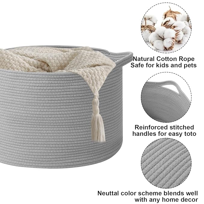 115L Large Blanket Basket,23.6" L x 23.6" W x 15.7" H Rope Woven Baskets with Handles, Toys Storage Bins,Laundry Basket Perfect for Living Room, Nursery,Bedroom,Home Organization,Light Gry